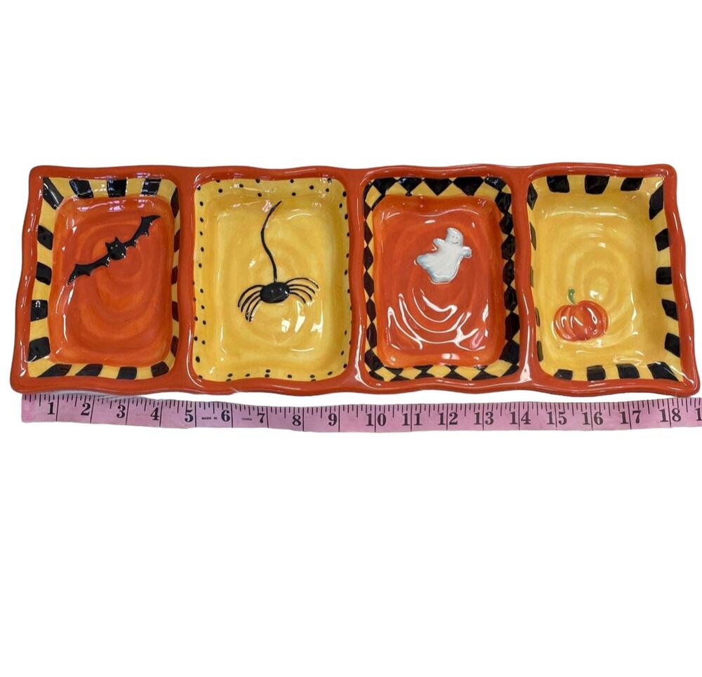 Halloween Divided Serving Dish Ceramic Orange Black Condiment 4 Ghost Spider Bat